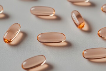 Capsule vitamin on reflection surface concept. Capsules scattered on a surface, showcasing a translucent and glossy texture.