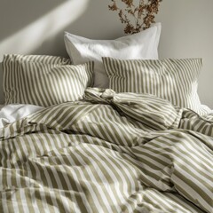 Cozy bedroom setting featuring striped bedding and soft pillows illuminated by natural light in a serene environment during the afternoon