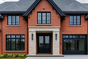Naklejka premium Elegant modern residence featuring a striking brick facade and expansive glass windows in a suburban neighborhood during daytime