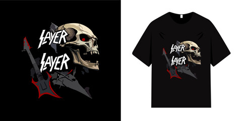Graphic t-shirt design with skull musical instrument. Vintage typography with slogan. Skull with head and metal musical instrument. Ready to print for t-shirts, posters, clothing, tees and apparel