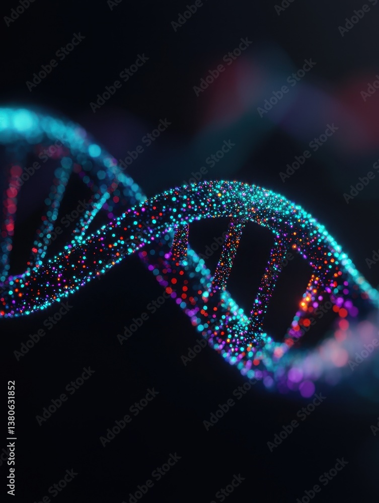 Poster colorful dna helix model with sparkling particles and dark background
