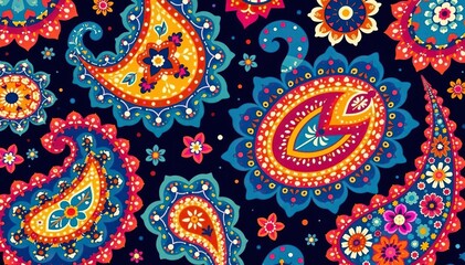 Vibrant paisley repeat with bold outlines and color blocking , art, bold, bright