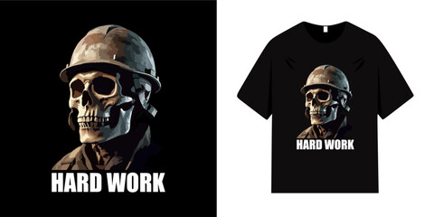 Graphic t-shirt design with skull and slogan. Vintage typography with slogan work hard. Skull with helmet work. Ready to print for t-shirts, clothing, tees and apparel.