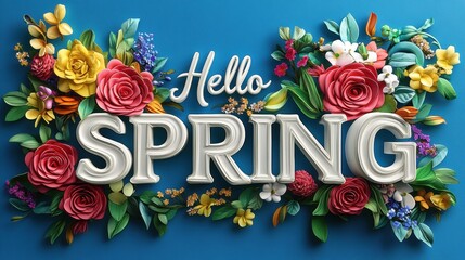 Colorful floral arrangement spelling Hello Spring with vibrant roses and blossoms, symbolizing joy of season.