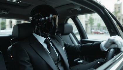 Futuristic AI cyborg Driver in a Suit