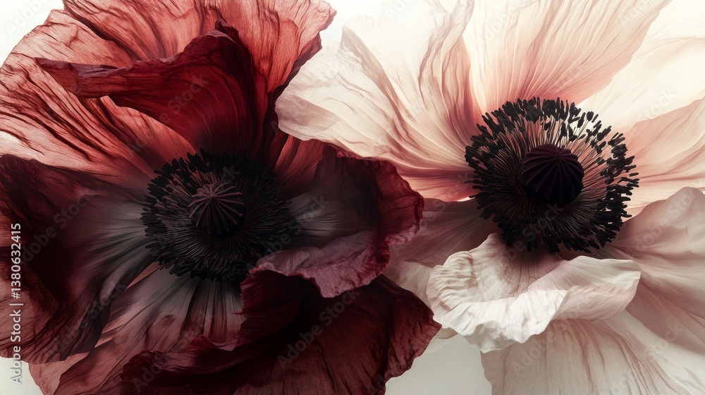 Poster Two anemone flowers exhibit intricate petal textures in deep red and soft cream. Each bloom showcases a striking contrast, captivating with their elegant simplicity and delicate features