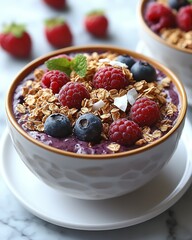 Overhead shot of a brightly colored acai bowl topped with fresh mixed berries, crunchy granola and coconut flakes, beautifully arranged on a white ceramic plate with natural light casting soft shadows