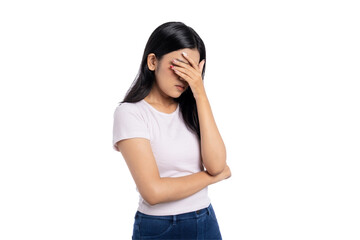 Young Asian woman feeling stressed and covering her face with hand, isolated on transparent...