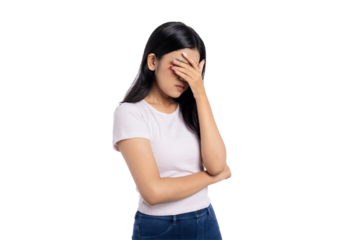 Young Asian woman feeling stressed and covering her face with hand, isolated on transparent background