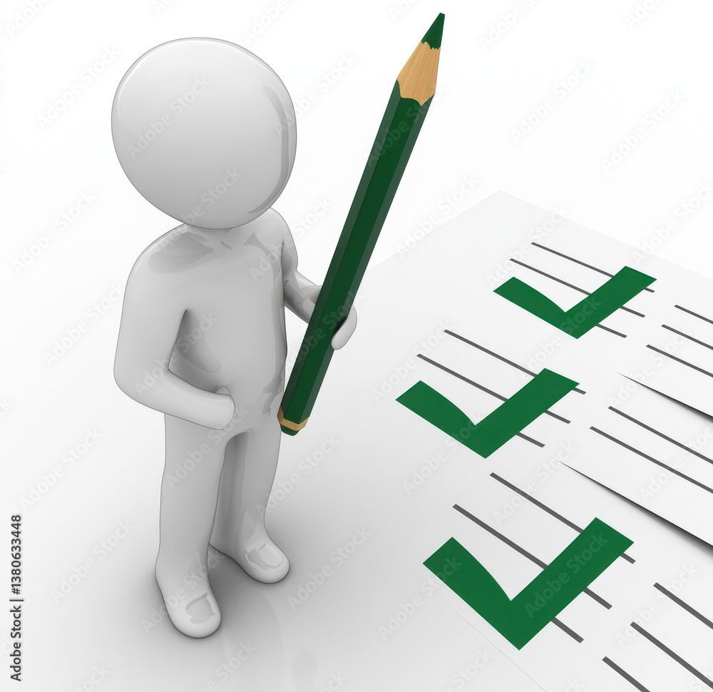 Poster 3d character holding pencil and checklist with check marks