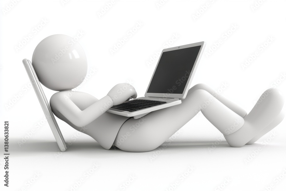 Poster relaxed 3d character using laptop while lying on back in modern space