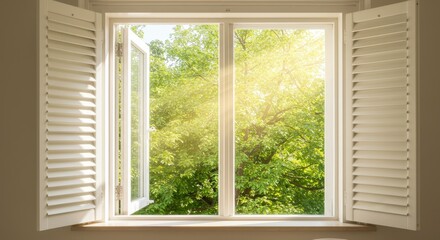 Open Window Sunlight Green Leaves - Sunlight streams through an open window with white shutters, revealing lush green trees