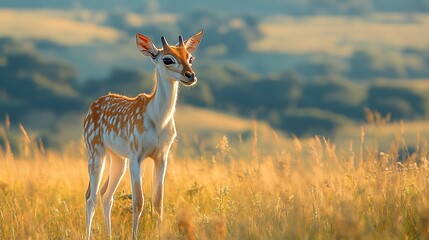 Naklejka premium Spotted Deer In Golden Meadow At Sunset