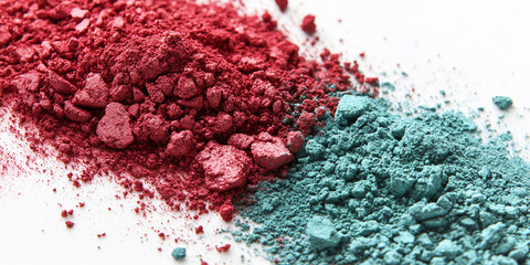 Close-up of red and teal eyeshadow powder texture, showcasing a contrasting color palette and granular consistency, representative of makeup artistry and cosmetic products