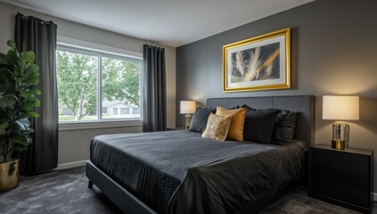 A modern bedroom showcasing a bed with pillows and bedside lamps