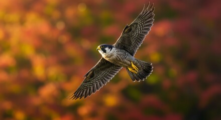 Fototapeta premium Peregrine Falcon in Autumn Flight - A peregrine falcon soars gracefully against a vibrant autumn backdrop of red and orange foliage