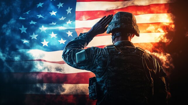 A soldier saluting proudly in a military base, with the national flag waving in the background,