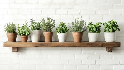 Fototapeta premium Grow Fresh Herbs Indoors: A Guide to Planting, Care, and Enjoying Culinary Herbs on a Wooden Shelf against a Brick Wall