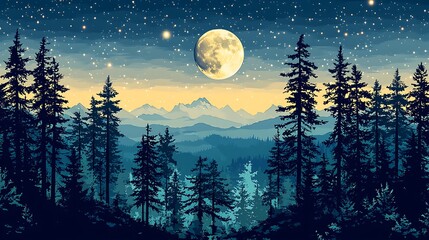 Night forest landscape with moonlit mountains