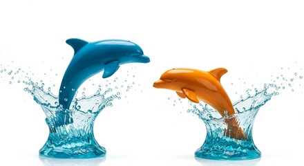 Playful Dolphins Leaping from Waves - Two colorful dolphin figurines joyfully leap from ocean waves, symbolizing fun, energy, freedom, friendship, and aquatic life
