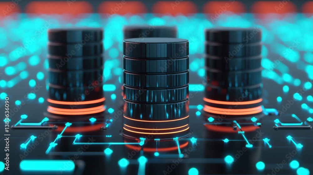 Poster futuristic data storage concept with neon lights and circuit design
