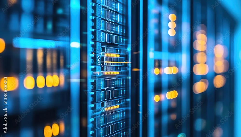 Poster exploring data center servers: high-capacity storage and network infrastructure glows brightly in mo