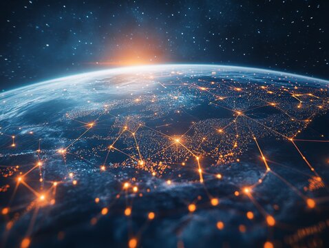 A digital map of the Earth with global network connections, highlighting Europe in bold yellow and white lines connecting it to other parts of the planet. The background is a dark blue sky