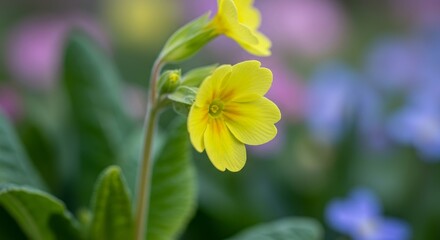 Fototapeta premium Primrose Bloom in Spring Garden - Delicate yellow primrose flowers in a lush garden, symbolizing springtime, new beginnings, hope, serenity, and natural beauty