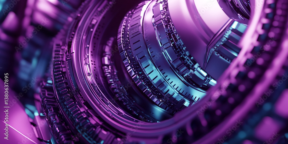 Poster close-up of metallic purple and teal gears, creating a complex, intricate design. showcase of techno