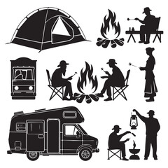  set of vector camping tent, tent icon, camping silhouettes collection, People camping scene, Landscape - camping in mountains silhouettes
