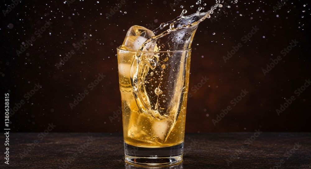 Poster refreshing iced drink splash - a glass of golden iced beverage with ice cubes splashing, creating a 