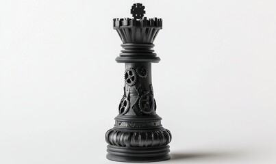 Fototapeta premium Black steampunk chess queen on white background, strategy concept