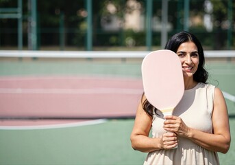 Happy woman holding pickleball paddle on a court, enjoying sport and leisure activity