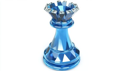 Blue crystal chess queen on white background, strategy concept