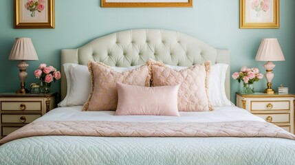 Chic pastel velvet bed in elegant bedroom soft decor stylish ambiance cozy retreat elegant view