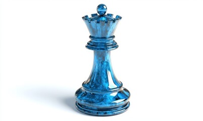 Blue glass chess queen on white background, strategy concept