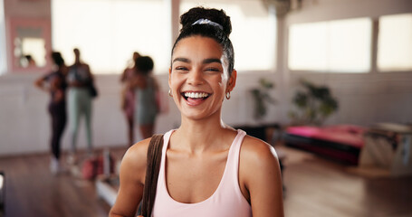 Fitness, pilates and portrait of woman laughing for body health, holistic wellness and training with instructor. Face, happy person and yoga studio for exercise, workout class and funny coach in gym