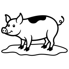 Obraz premium Pig in a muddy puddle line art illustration