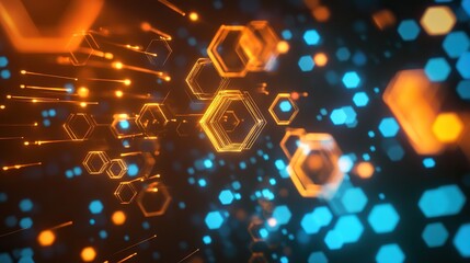 Abstract background featuring blue and orange hexagons, futuristic geometric pattern wallpaper, vector illustration design, highly detailed and ultra-realistic, high resolution.