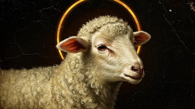 Solemn lamb with a halo, serene and symbolic, against a dark textured background.