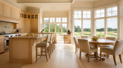 Modern Kitchen Interior with Bright Natural Light and Scenic View