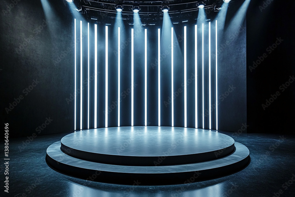 Poster dark stage with circular platform, illuminated by bright vertical lights, creating a dramatic and mo