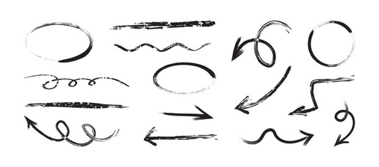 Arrow brush line crayon icon, crayon scribble hand drawn, sketch marker, charcoal doodle, chalk mark set isolated on white background. Grunge texture vector illustration