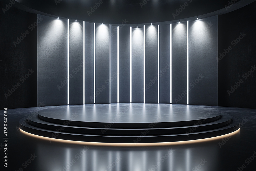 Poster Dark gray circular podium with subtle lighting, set against a backdrop of illuminated vertical lines.  Showcase, display, product presentation concept