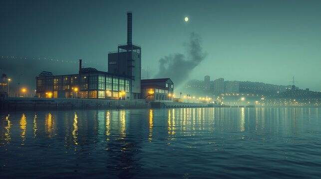 Industrial Building by the Water at Dusk with Moonlight Reflection