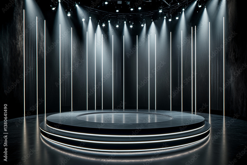 Aufkleber Dark stage with circular podium, illuminated by spotlights and vertical lines of light, creating a modern, minimalist showcase ideal for product displays or presentations