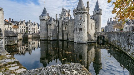 Obraz premium Medieval castle reflected in moat, autumn.