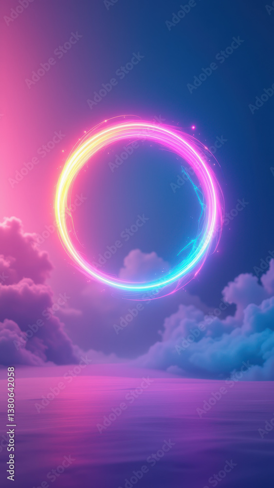 Poster a digital rendering featuring a futuristic halo or portal against a vibrant sky background with ligh