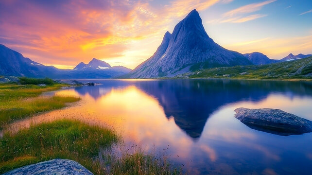 Stetind National Mountain and Vast Asphalt Road in Norway at Sunset, Featuring Rocky Peaks and Scenic Landscape - Summer Travel Destination in Scandinavian Northern Nature