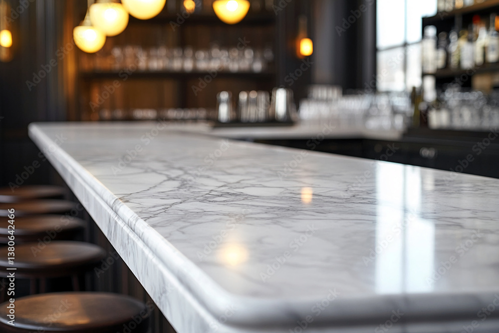 Aufkleber Close-up of a marble bar counter, showcasing its smooth texture and veining,  representing elegance and sophistication in a bar or restaurant setting Free space for text or product display